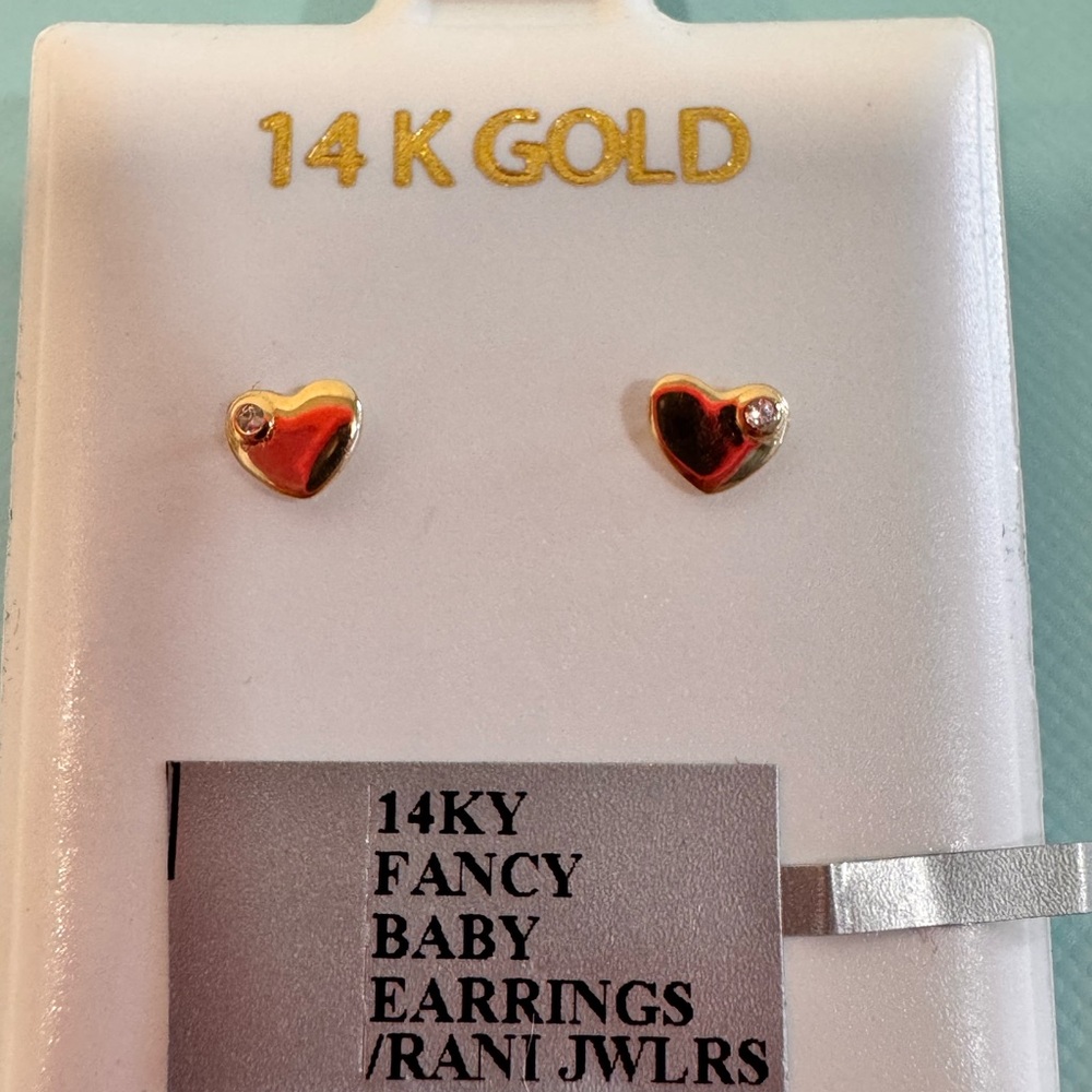 14K Yellow Gold Red Heart Baby Stud Earrings with Diamond Accent